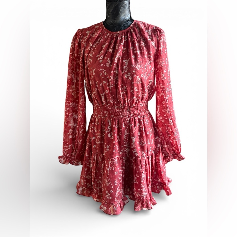 Lulu’s Red Floral Chiffon Mini Dress Smocked Waist Long Sleeve Romantic Medium - Picture 2 of 7